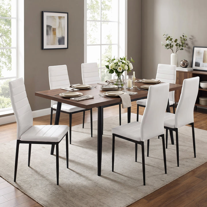 [White | Set of 6] PU Leather Dining Chairs with High Back, Padded Seat and Black Metal Legs for Dining Room