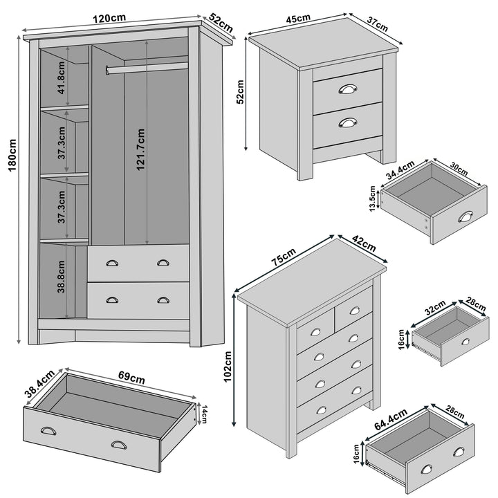[White] bedroom set dimensions: wardrobe 120x52x180cm chest 75x42x102cm bedside 45x37x52cm