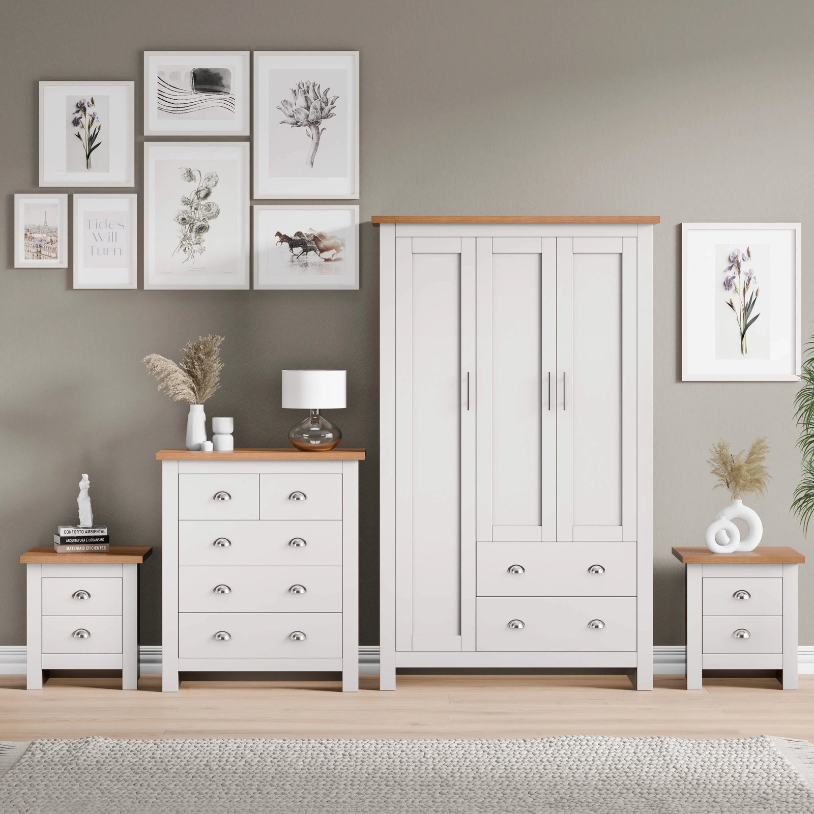 [White] 4 piece bedroom set styled against grey wall with gallery art and decor