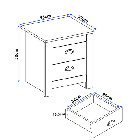 [white] dimension diagram for shaker bedside table: 45cm x 37cm x 52cm with drawer size guide
