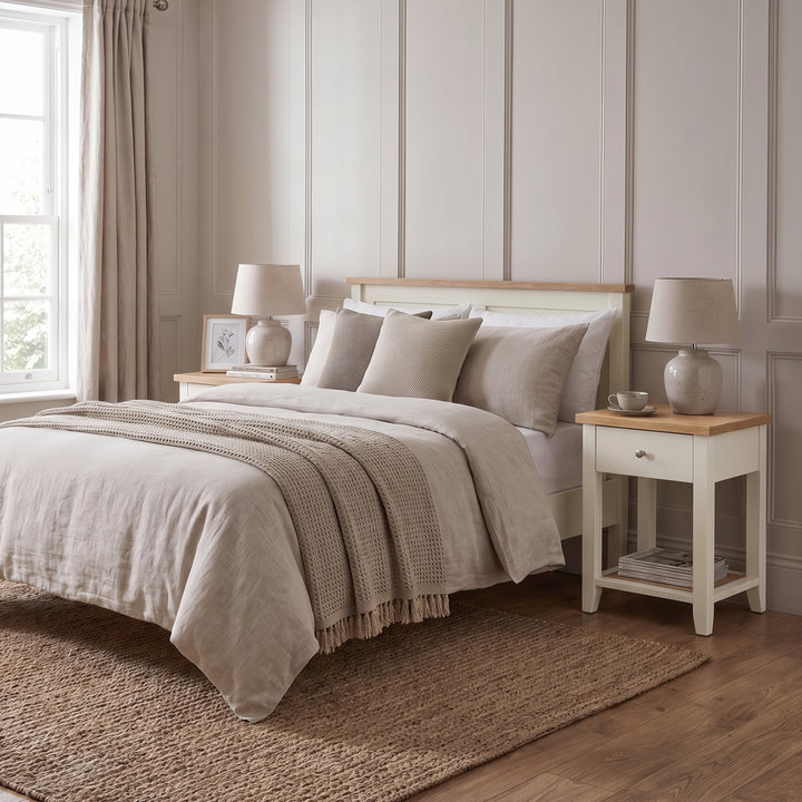 [White] Full bedroom view featuring two White Shaker Bedside Tables placed on either side of the bed.
