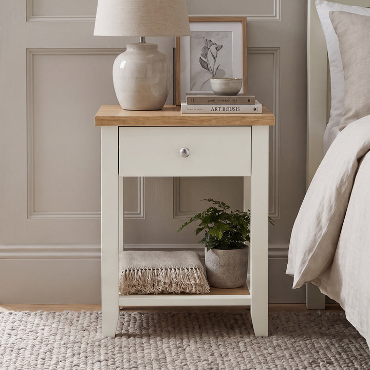 [White] Front view of the White Shaker Bedside Table showing single drawer and bottom storage shelf.