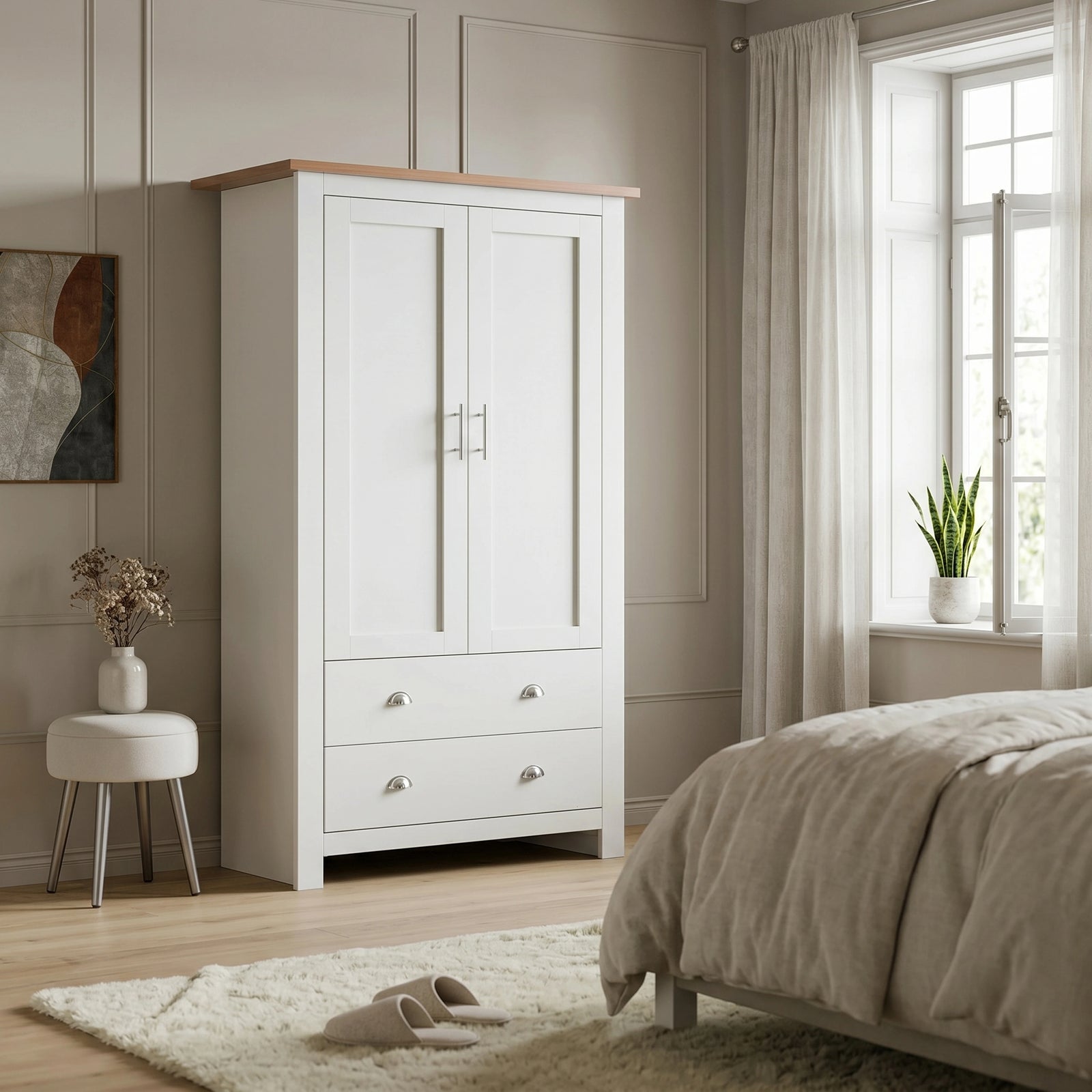 [White] Shaker wardrobe in bedroom with closed double doors, oak top, lower drawers, window, stool, bed, and slippers.