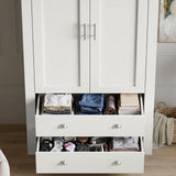 [White] Shaker wardrobe drawer detail with folded clothes, books, socks, accessories, cup handles, and panel doors.