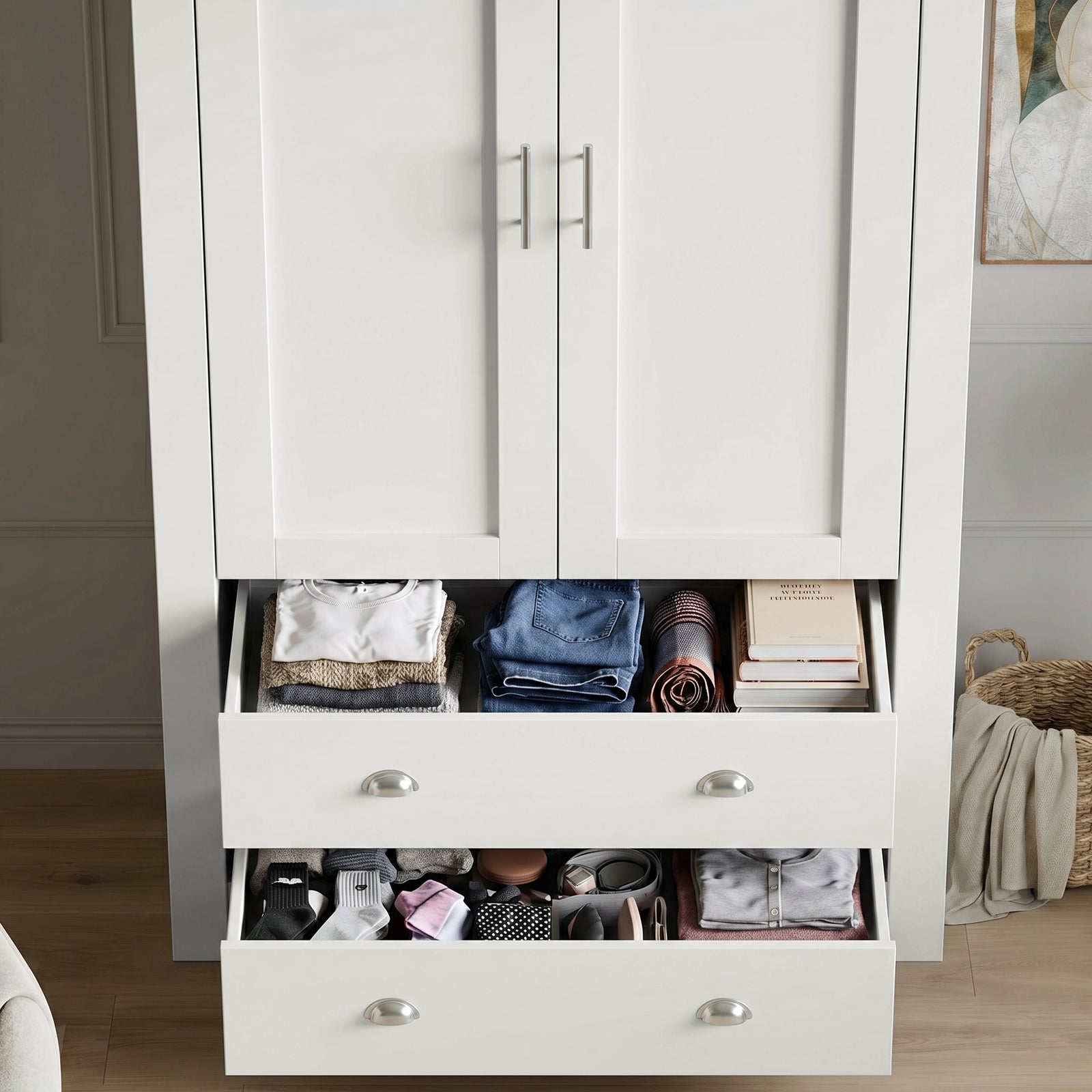 [White] Shaker wardrobe drawer detail with folded clothes, books, socks, accessories, cup handles, and panel doors.