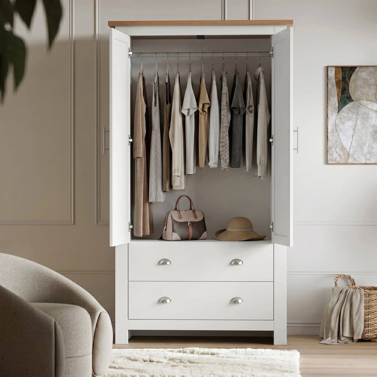 [White] Shaker wardrobe with doors open, showing hanging rail, clothing, handbag, hat, lower drawers, and wall art.