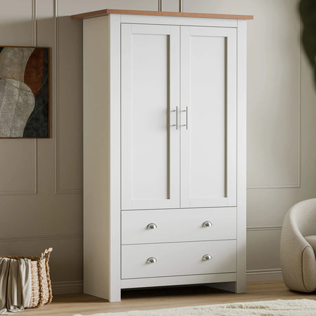 [White] shaker double wardrobe with drawers featuring two doors, hanging rail, and two bottom drawers placed against a wall