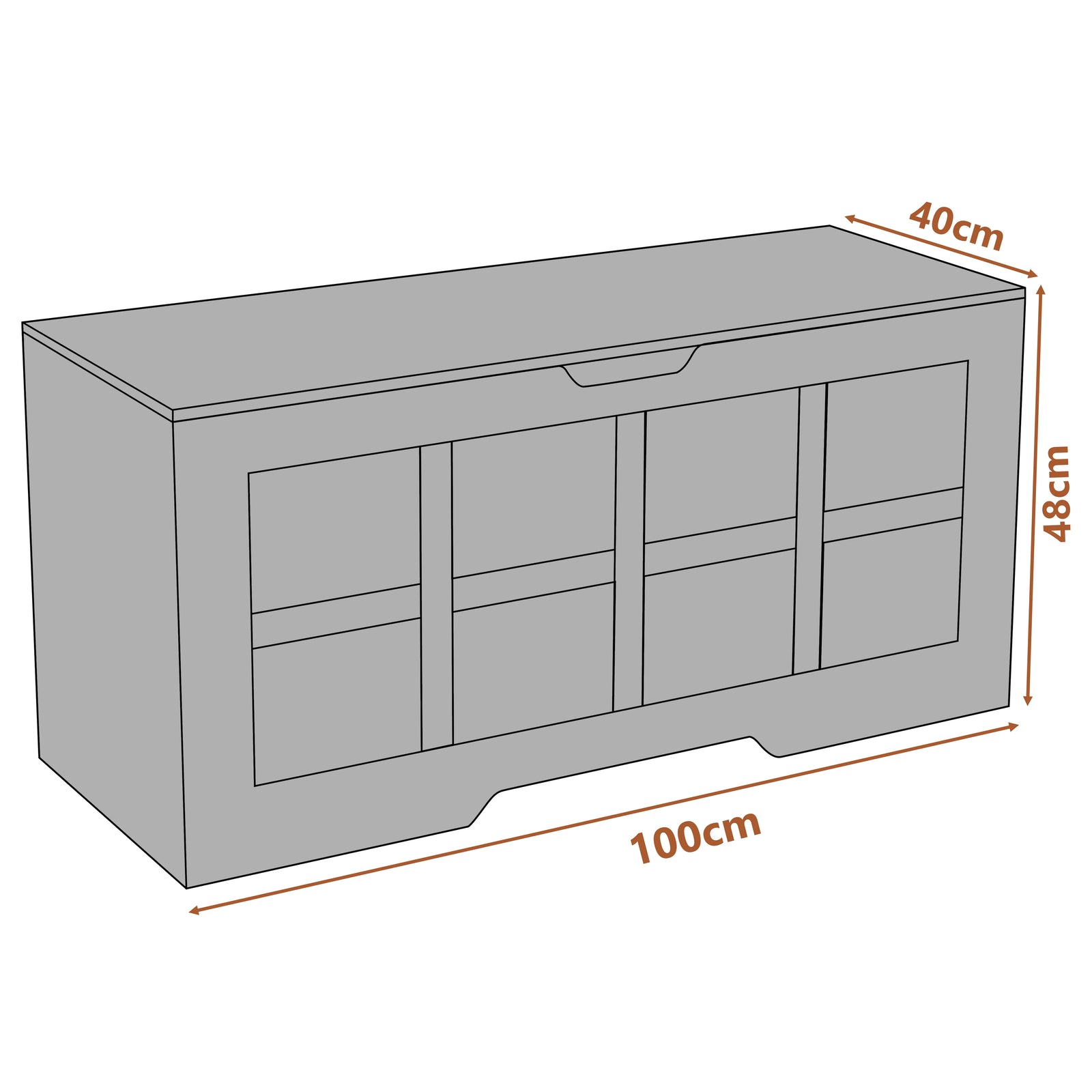 [White] White storage bench with dimensions labeled on a white background