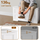 [White] Storage Chest - Shaker Style Blanket or Toy Box With Lid & Safety Hinges supports 136kg load, shown with man sitting on white wooden chest.