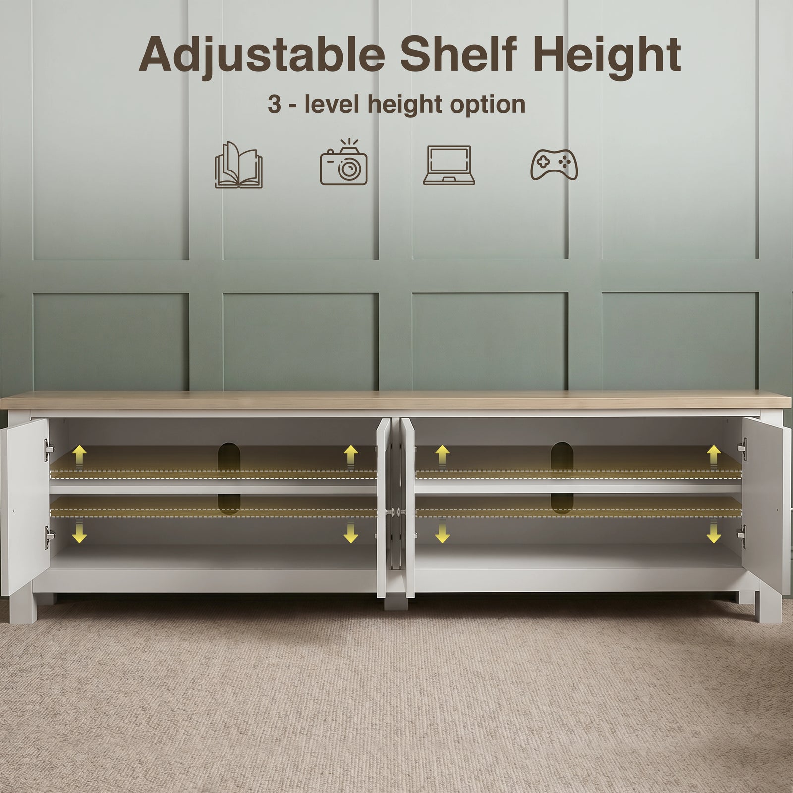 [White] Shaker TV unit 180cm adjustable shelf height infographic showing 3 position options