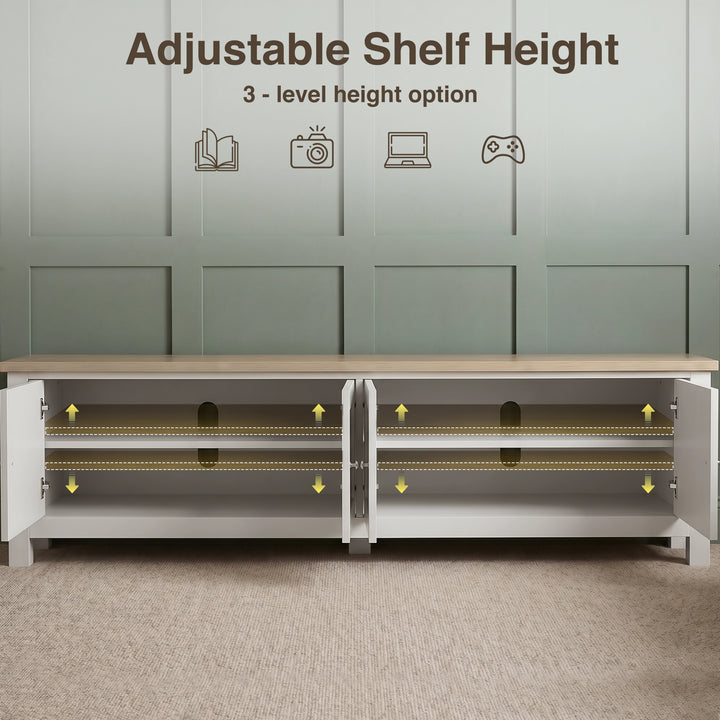 [White] Shaker TV unit 180cm adjustable shelf height infographic showing 3 position options