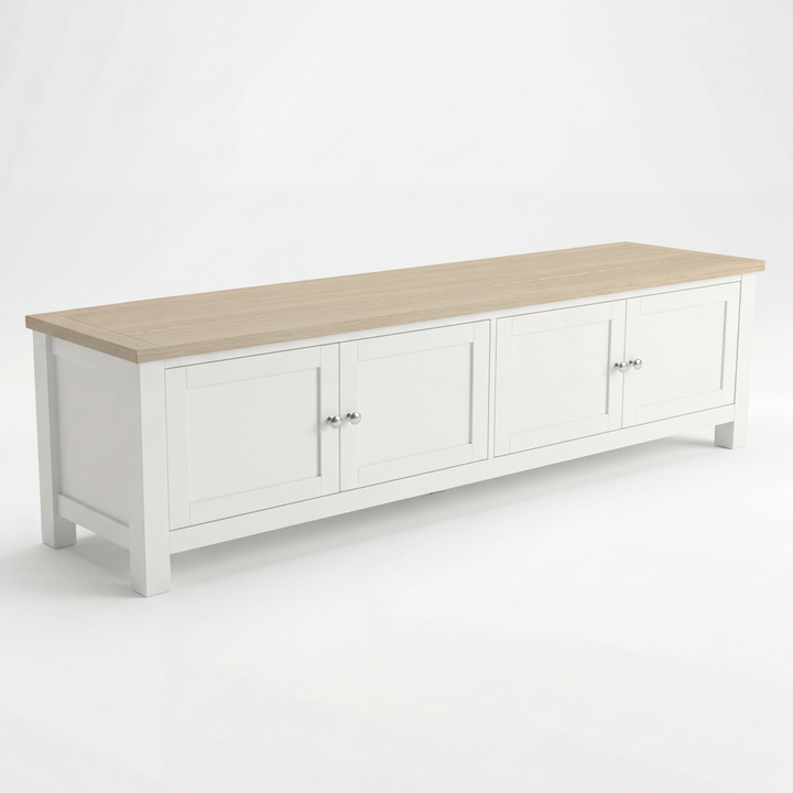 [White] Shaker TV unit 180cm front view on white background, 3 cabinet doors and open shelf, oak top