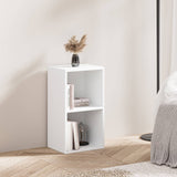 Minimalist white Blisswood 2 shelf bookcase used as a nightstand or side table in a cozy bedroom setup.