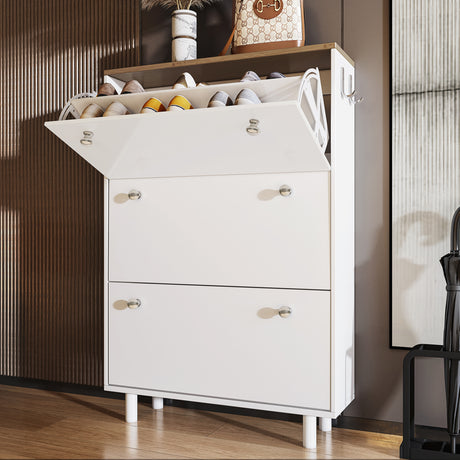 White shoe cabinet for hallway with flip-up storage and sleek design, featuring multiple compartment