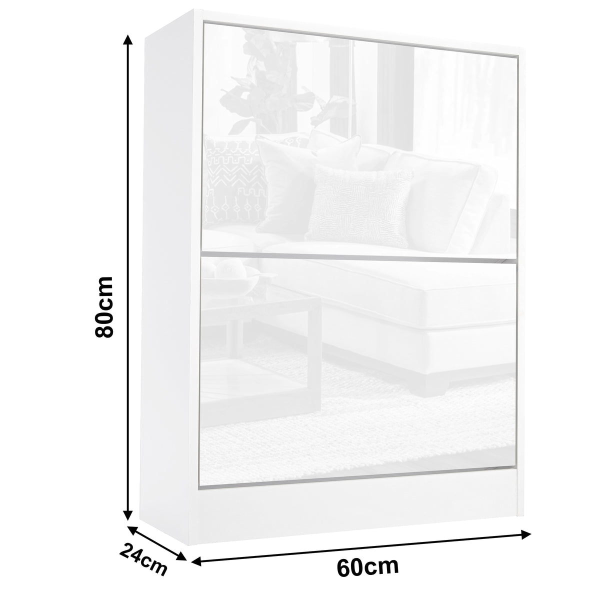 High Gloss 2 Door Shoe Cabinet in white with slim 60cm width and 24cm depth, ideal for hallway or bedroom shoe storage. Modern compact design.