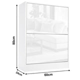 High Gloss 2 Door Shoe Cabinet in white with slim 60cm width and 24cm depth, ideal for hallway or bedroom shoe storage. Modern compact design.