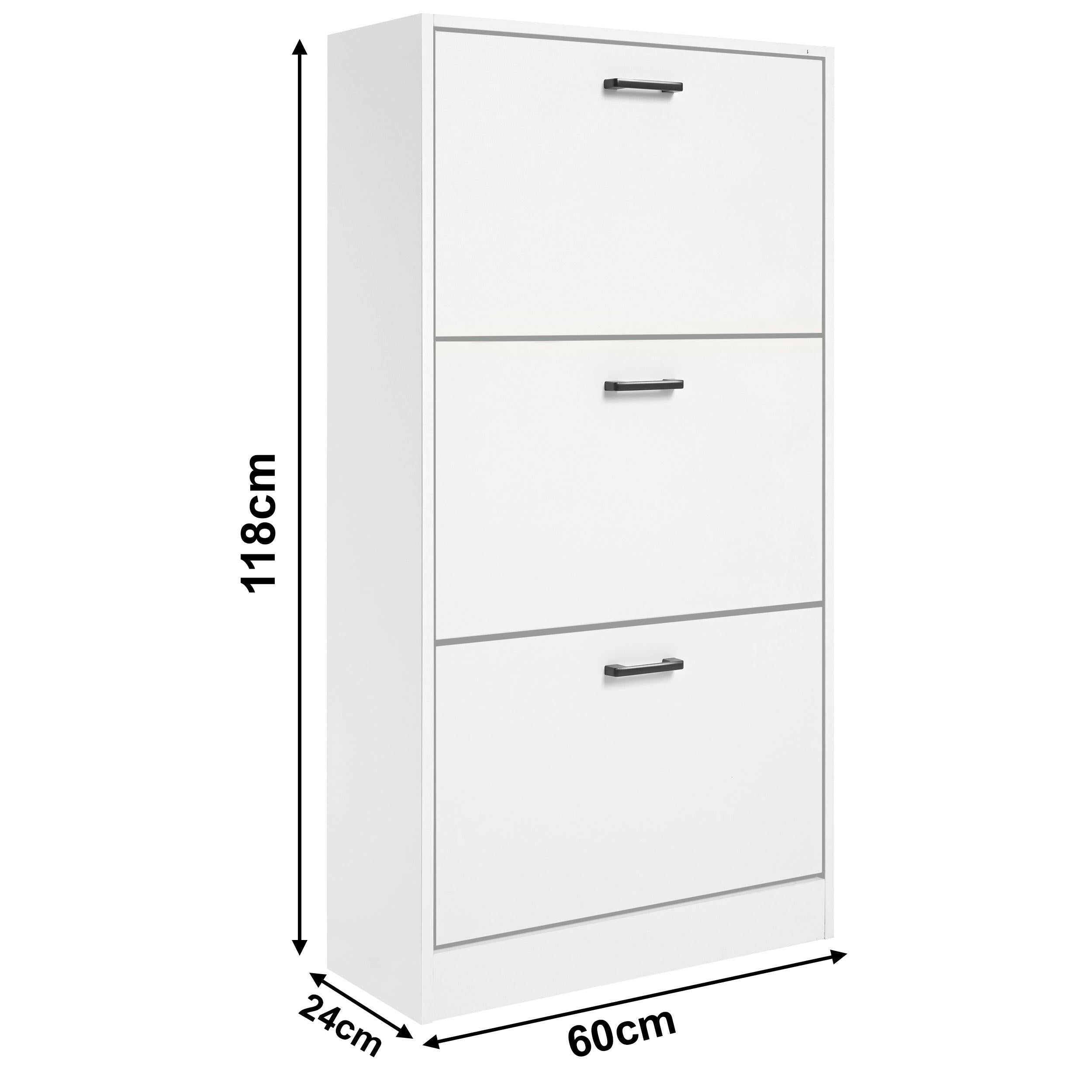 white shoe cabinet with three drawers, with measurements labeled as 118cm in height, 60cm in width