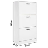 white shoe cabinet with three drawers, with measurements labeled as 118cm in height, 60cm in width