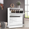 [White] High Gloss 2 Door Shoe Cabinet in white with slim design, featuring two pull-down compartments and top shelf for hallway or bedroom storage.