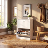[White] modern shoe cabinet with an open lower compartment displaying shoes, placed in a styled entryway with a bench, basket, framed wall art, plants, and a window.