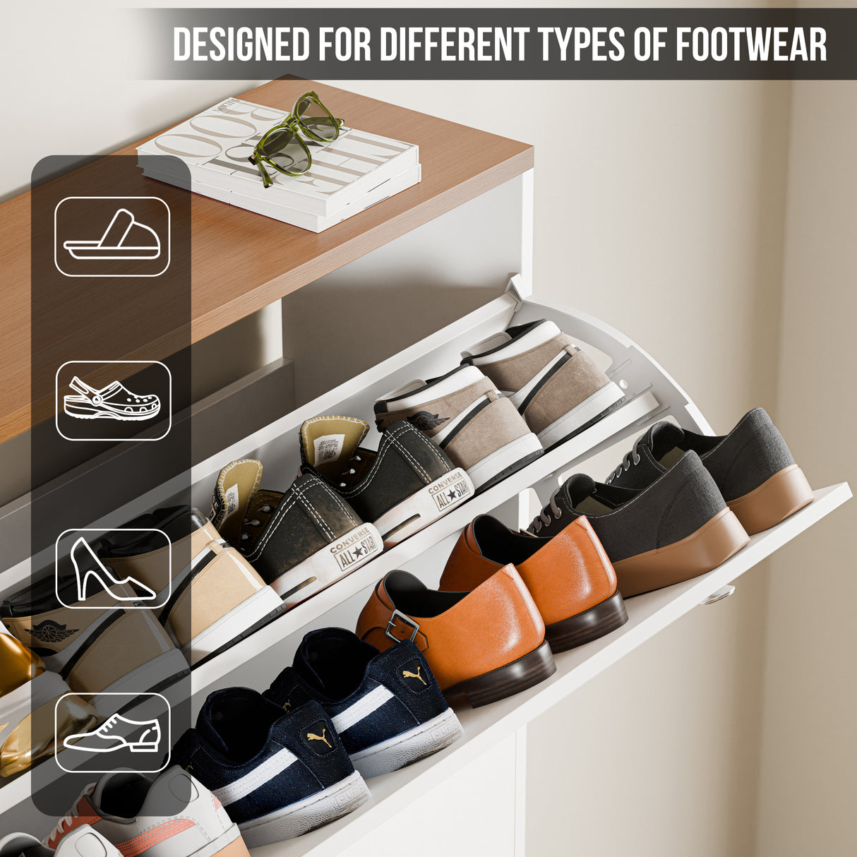 Close-up of narrow shoe cabinet in white oak top showing drawers storing slippers, crocs, sneakers, boots and wellies.