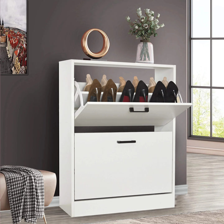 [White] White shoe cabinet 2 door with top pull-down drawer open; decor and plant sit neatly on the cabinet top.