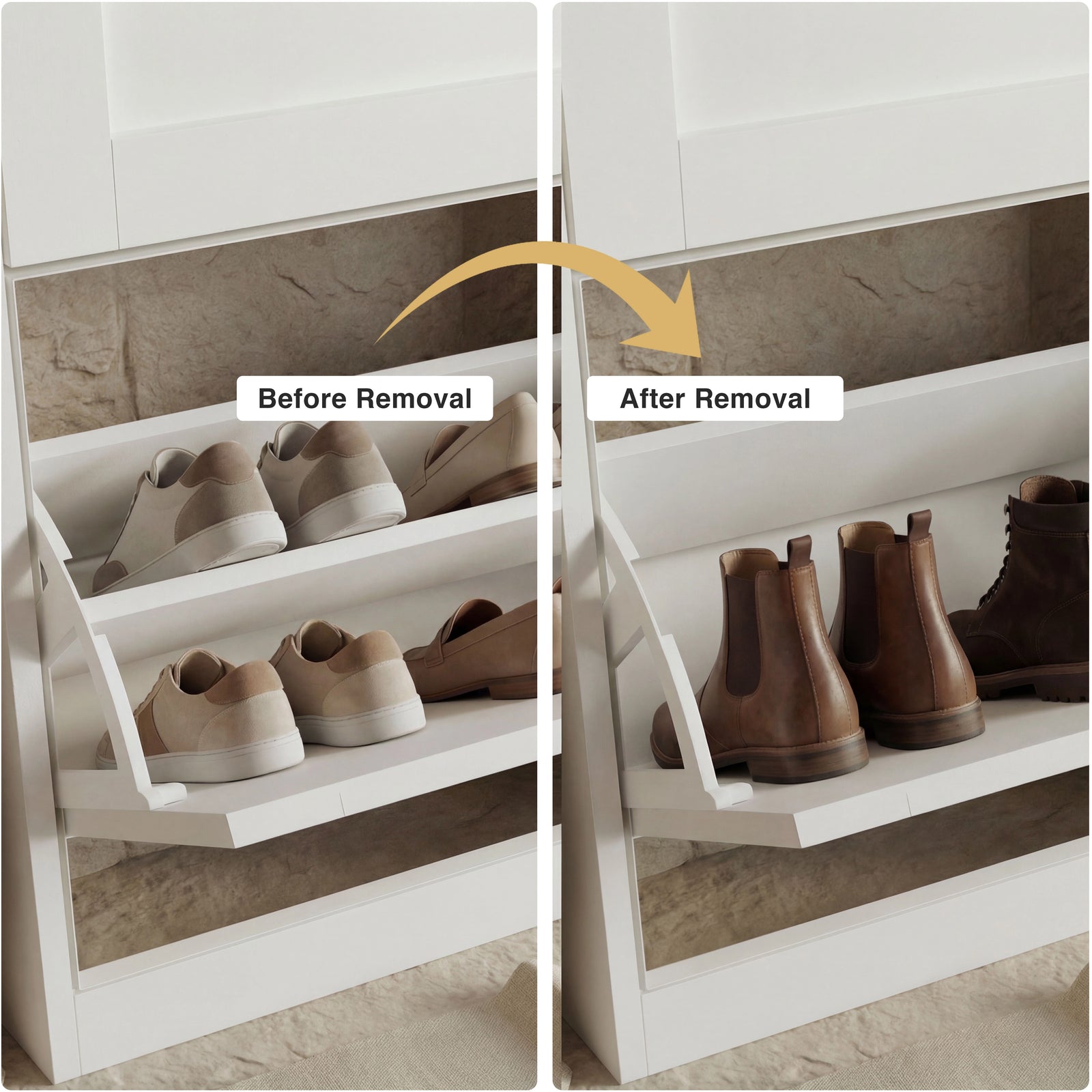 [White] before and after view of shoe cabinet drawer with internal shelf in place then shelf removed to fit ankle boots