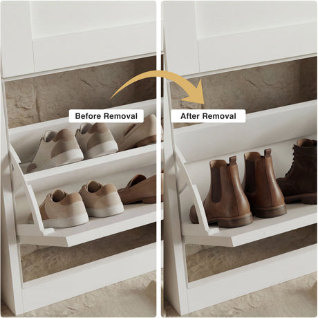 White Shaker shoe cabinet showing adjustable shelf before and after removal, creating space to store taller boots neatly