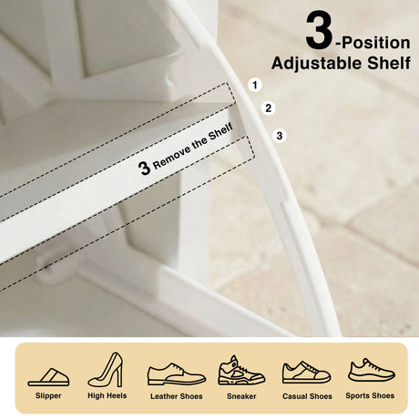 White shoe cabinet adjustable shelf system with three height positions for varied footwear storage