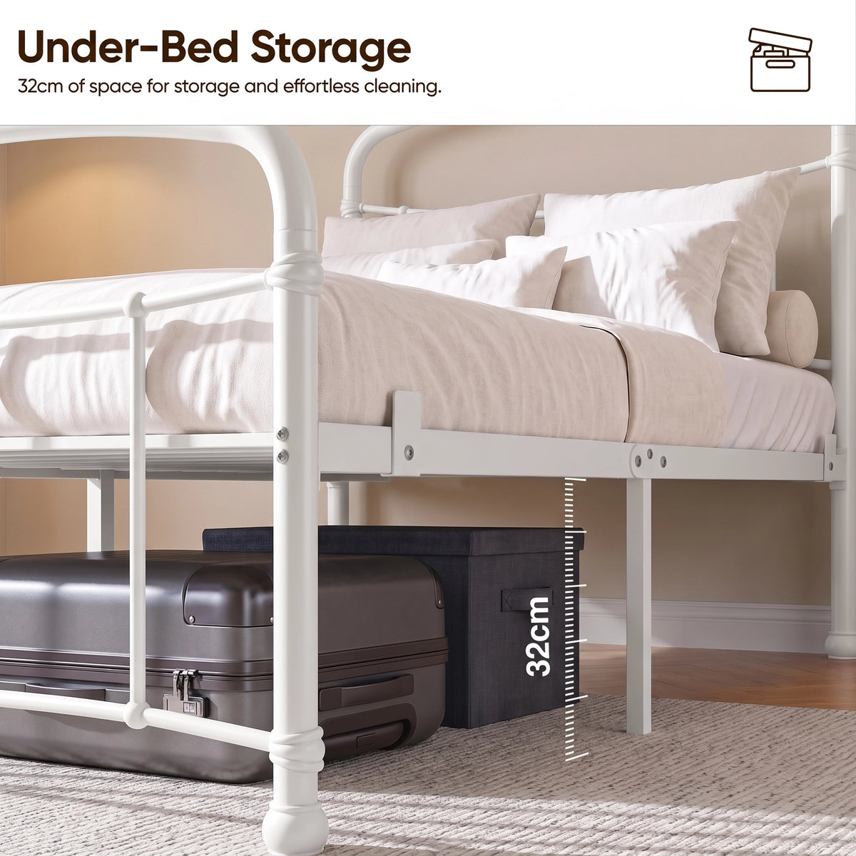 [White | Single] Storage graphic showing a suitcase and fabric box below the bed, with a ruler marking 32cm clearance.