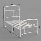 [White | Single] Size diagram showing 98x198cm frame, 120cm headboard, 77cm footboard, and 32cm under-bed clearance.