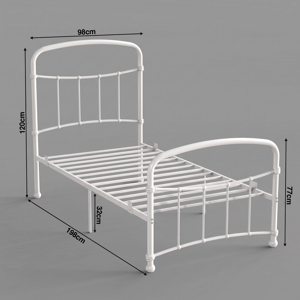 [White | Single] Size diagram showing 98x198cm frame, 120cm headboard, 77cm footboard, and 32cm under-bed clearance.