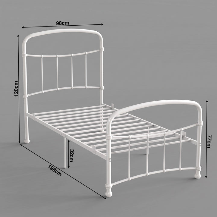 [White | Single] Size diagram showing 98x198cm frame, 120cm headboard, 77cm footboard, and 32cm under-bed clearance.
