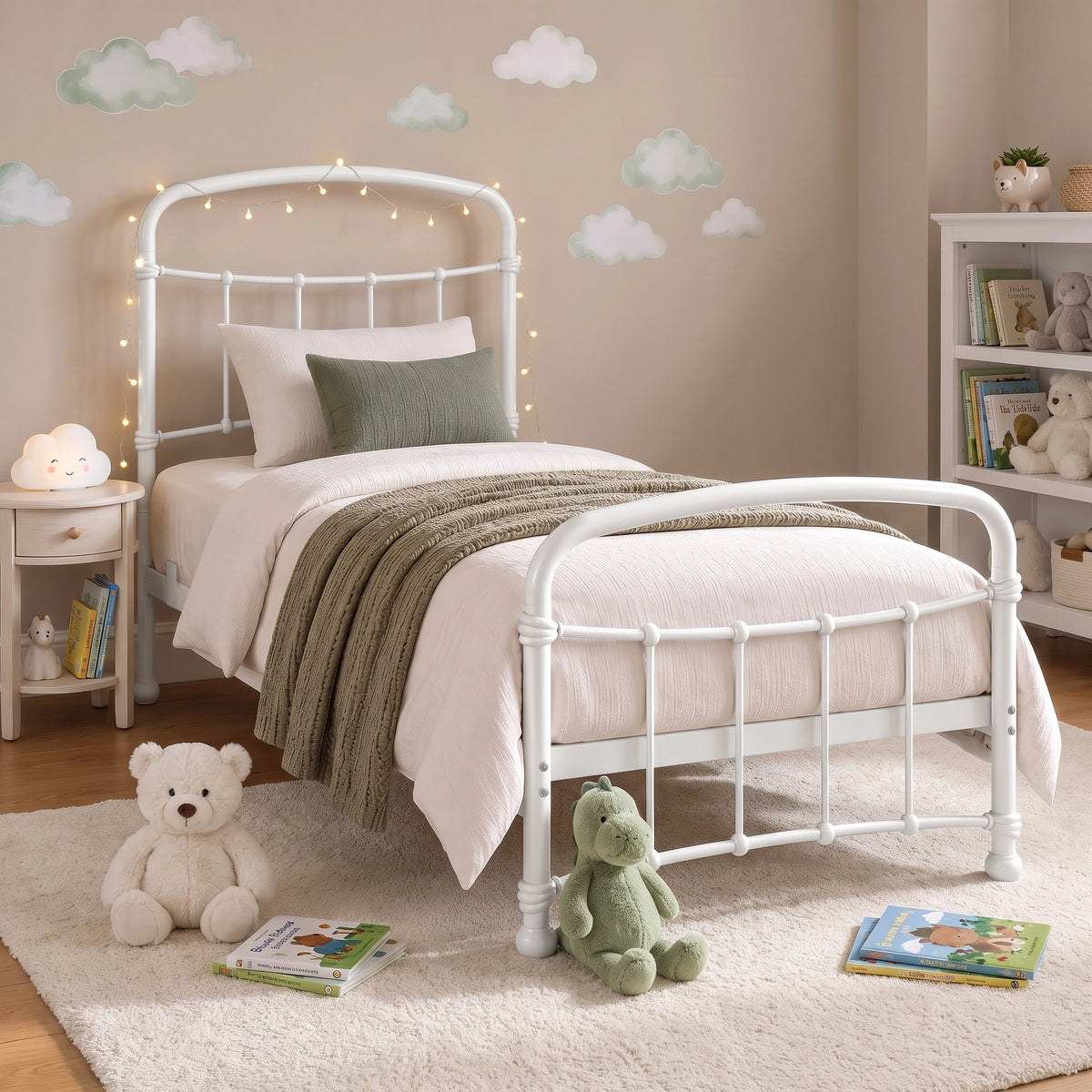 [White | Single] Child bedroom scene showing curved rails, fairy lights, cloud wall art, teddy bear, toy dinosaur, and books.