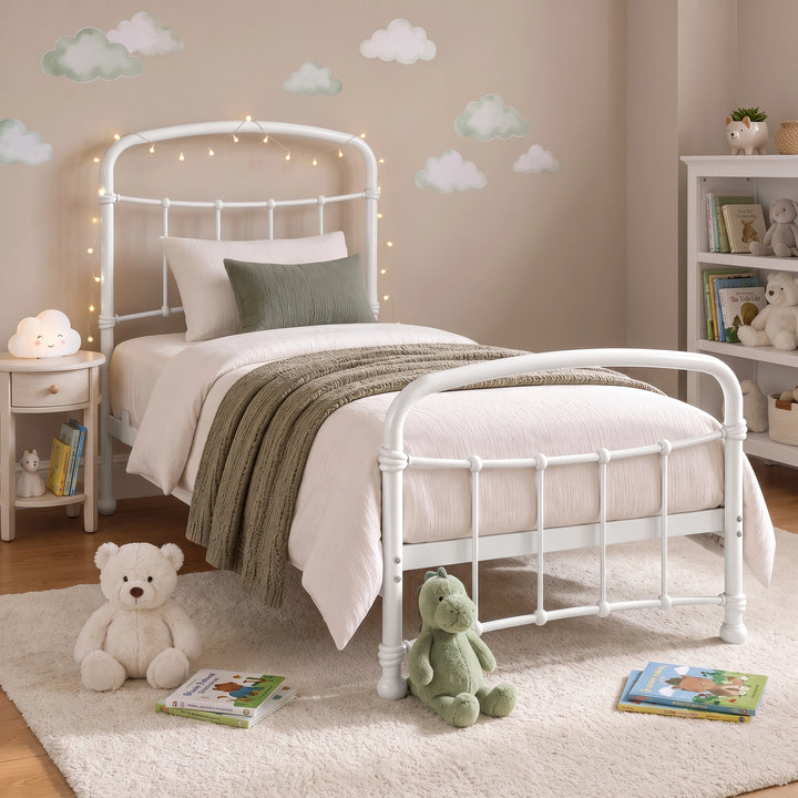 [White | Single] Child bedroom scene showing curved rails, fairy lights, cloud wall art, teddy bear, toy dinosaur, and books.