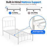 [White | Single] Mattress support graphic showing metal slats, raised stop close-up, and mattress sliding diagrams.