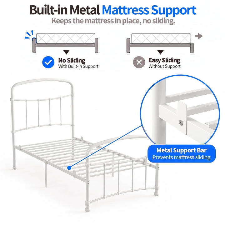 [White | Single] Mattress support graphic showing metal slats, raised stop close-up, and mattress sliding diagrams.