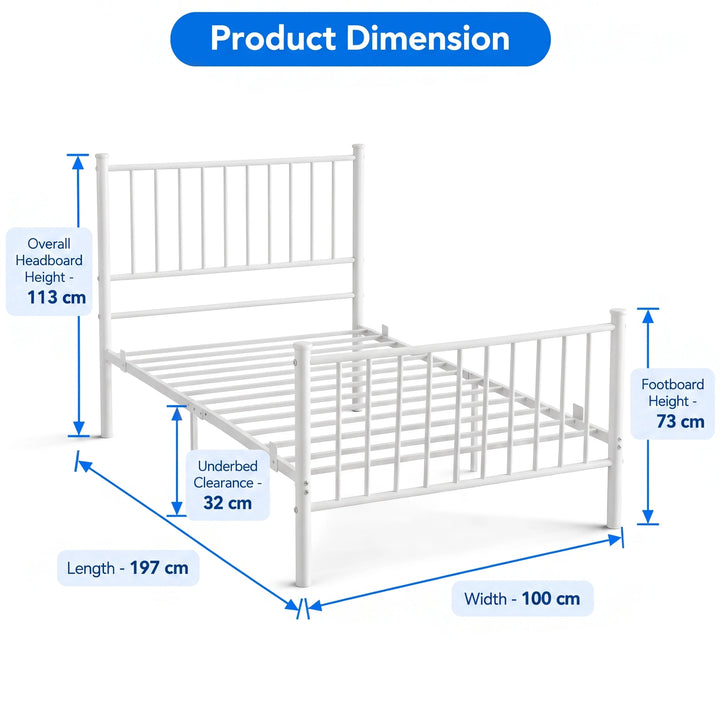 [White | Single] Size diagram showing 100x197cm frame, 113cm headboard, 73cm footboard, and 32cm under-bed clearance.