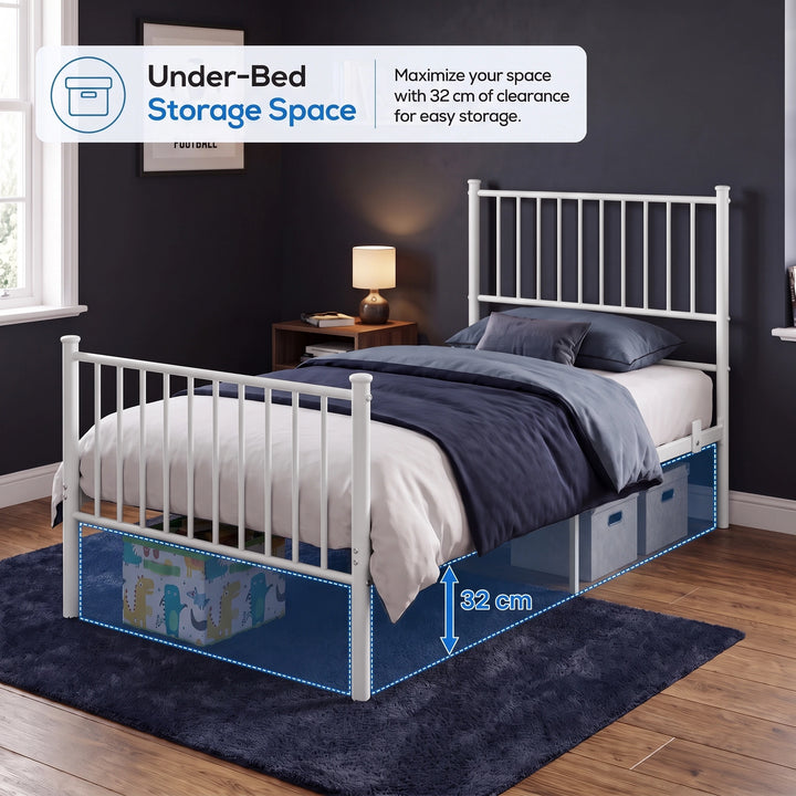 [White | Single] Storage graphic showing an animal-print box and fabric bins beneath the bed, with a 32cm clearance arrow.