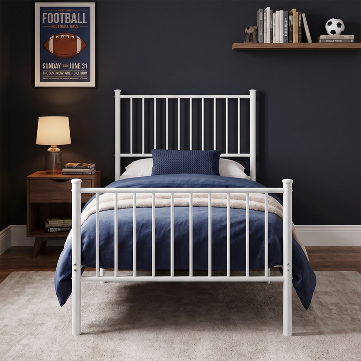 [White | Single] Front view showing bar headboard and footboard, navy bedding, throw, bedside lamp, books, and wall art.
