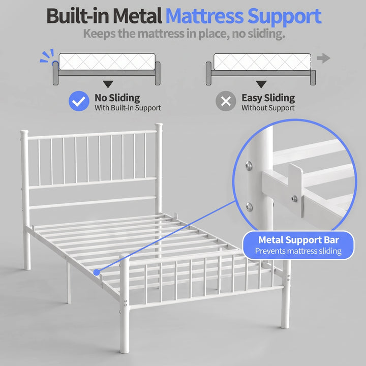 [White | Single] Mattress support graphic showing a bare slatted frame, raised stop close-up, and mattress sliding diagrams.