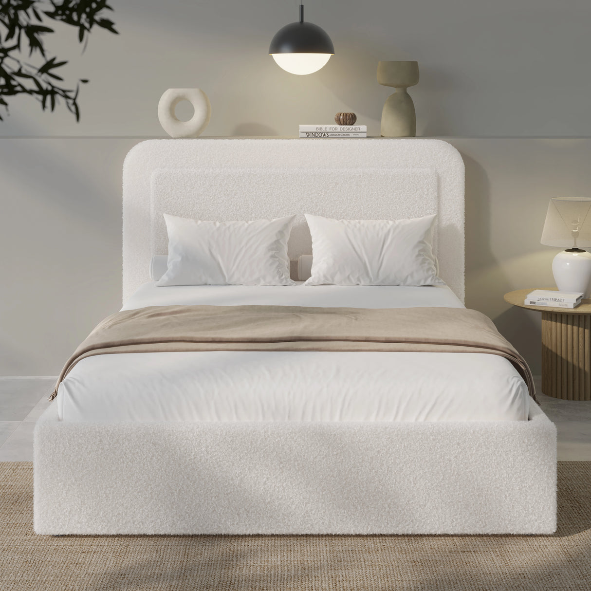 White upholstered bed with beige blanket in a modern bedroom setting.
