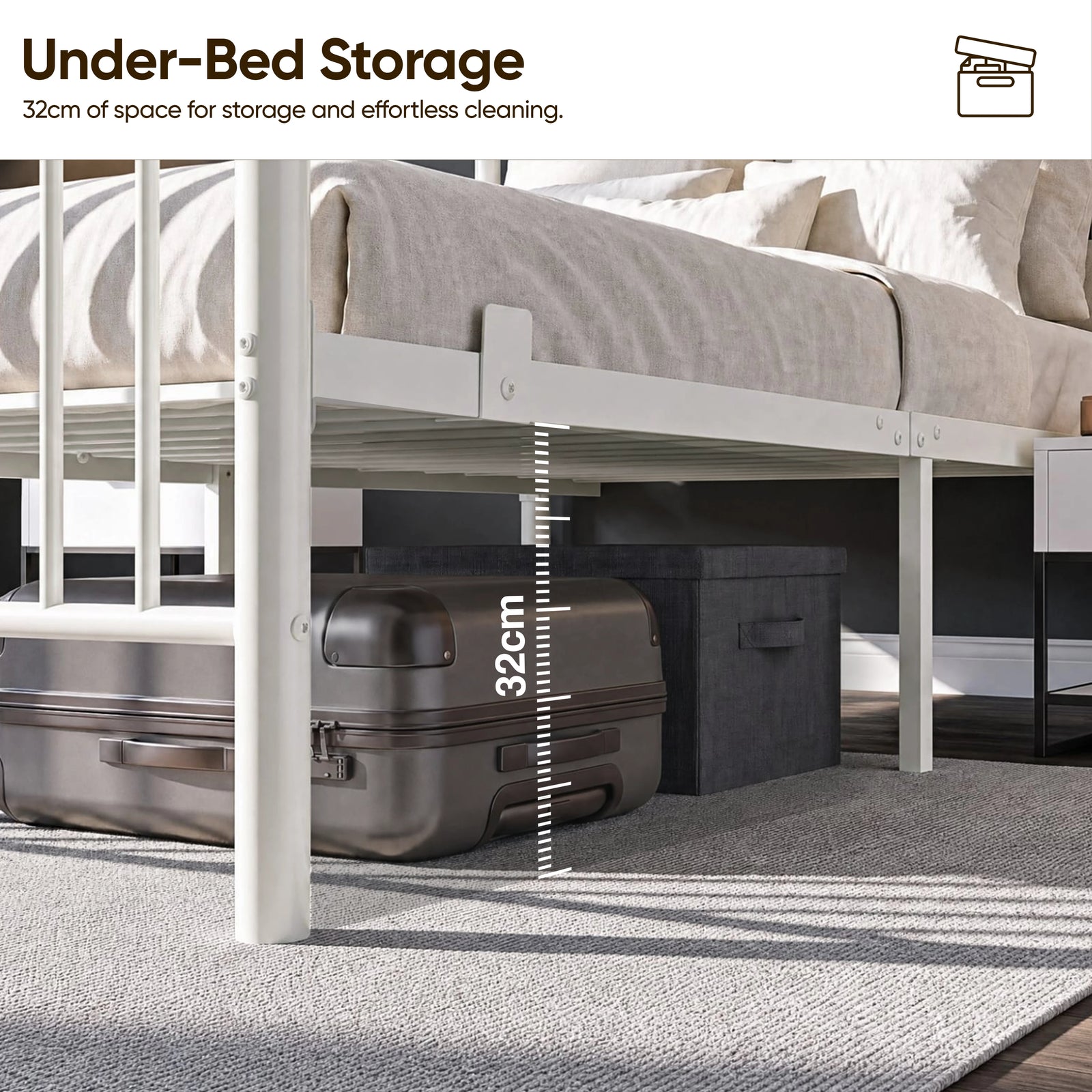 [White | Single] Single bed showing 32cm under-bed clearance with a dark suitcase and storage box beneath the metal bed frame