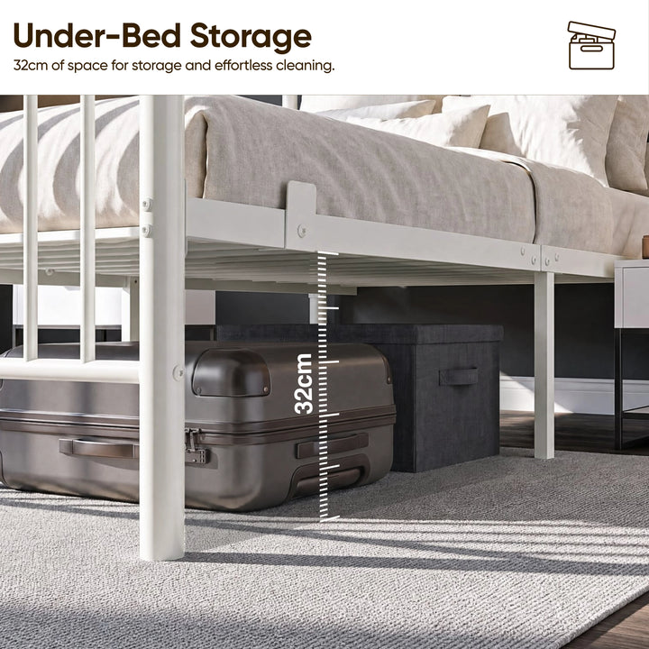 [White | Single] Single bed showing 32cm under-bed clearance with a dark suitcase and storage box beneath the metal bed frame
