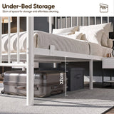 [White | Single] Single bed showing 32cm under-bed clearance with a dark suitcase and storage box beneath the metal bed frame