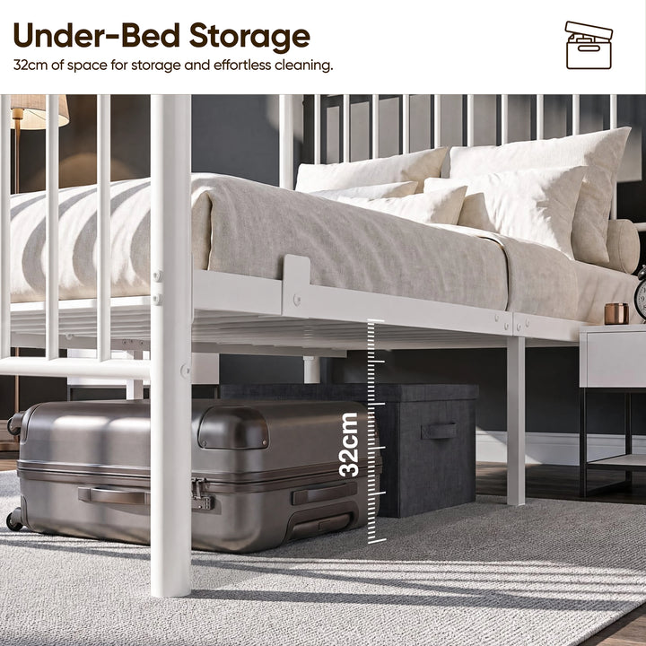 [White | Single] Single bed showing 32cm under-bed clearance with a dark suitcase and storage box beneath the metal bed frame