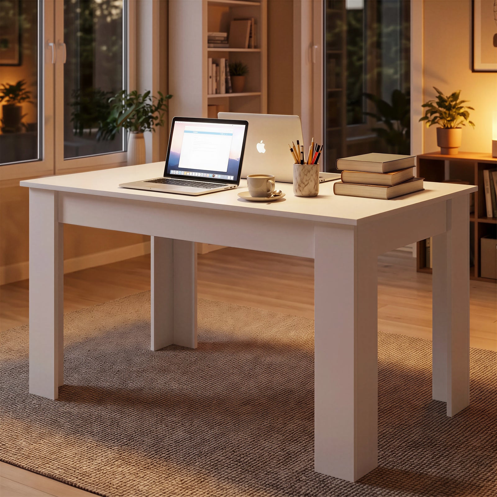 [140 cm | White] 6 Seater Dining Table Rectangle set up as a cozy study area at night with a laptop and books.