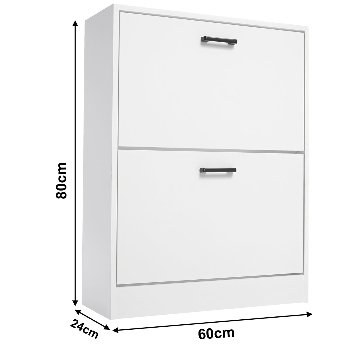 Dimensions of slim shoe cabinet in white with side profile: width 60 cm, depth 24 cm, and height 80 cm.