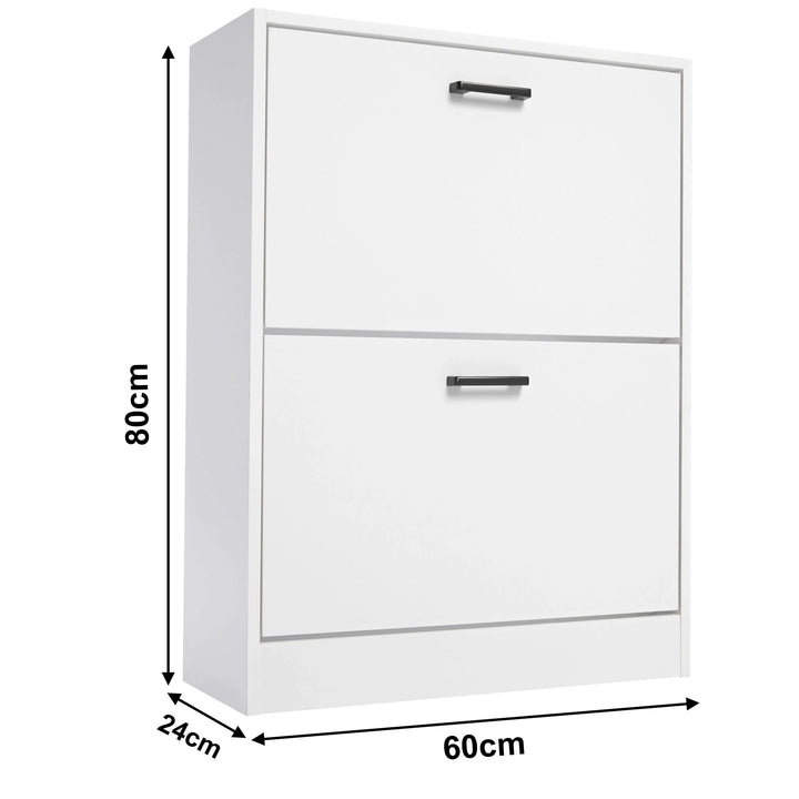 [White] Dimensions of slim shoe cabinet in white with side profile: width 60 cm, depth 24 cm, and height 80 cm.