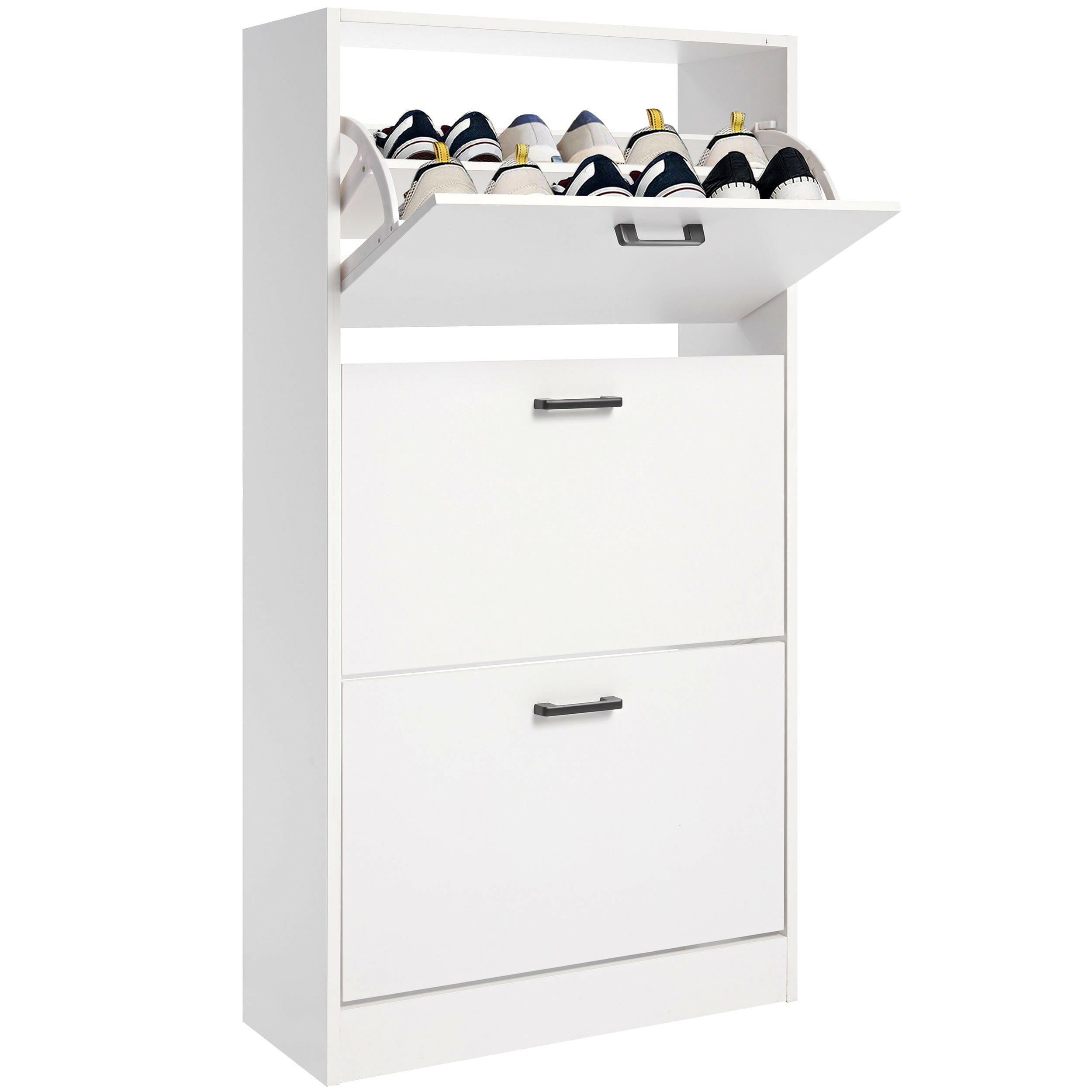 white slim shoe cabinet with a pull-out shelf and two storage drawers for organized shoe storage.